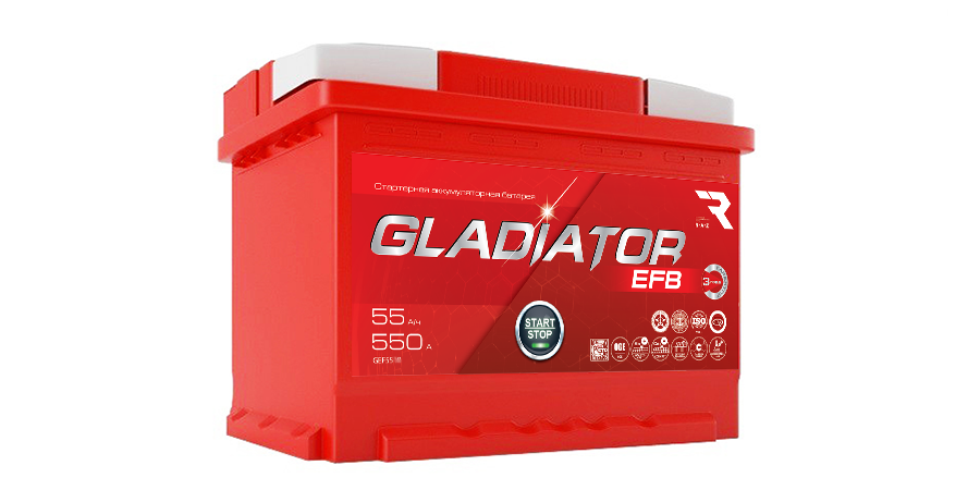 Аккумулятор GLADIATOR EFB 55 Ah, 550 A, 242x175x190 обр.